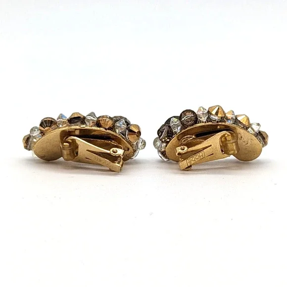 Hobe Gold Beaded AB Aurora Borealis Crystal Crescent Earrings Signed Vintage - Picture 8 of 10